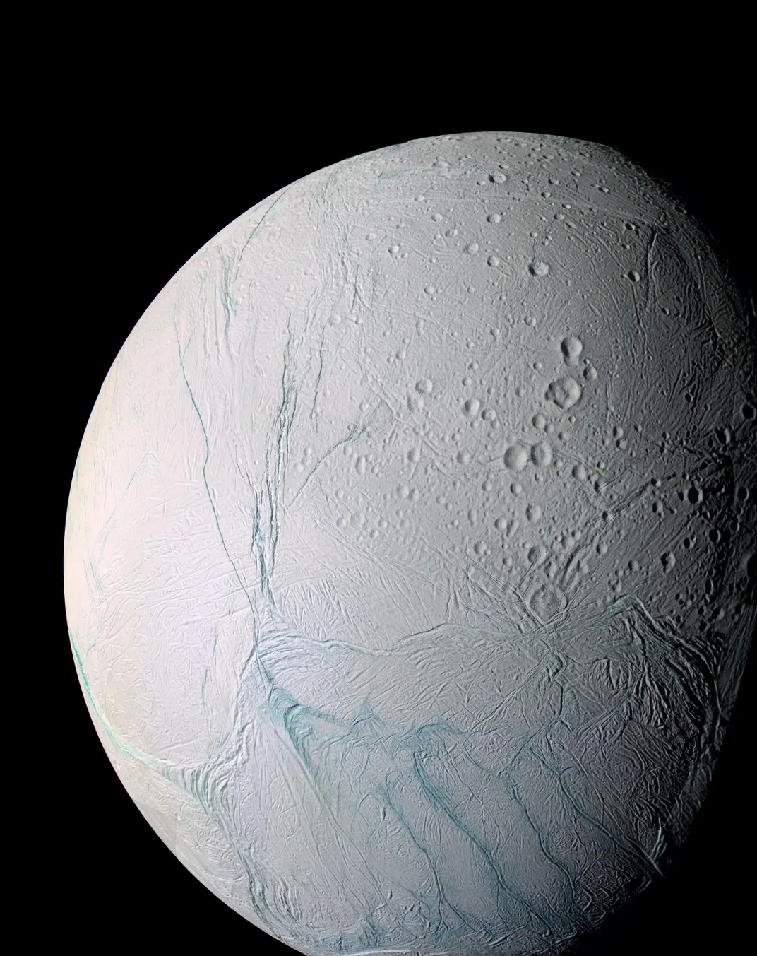 Saturn's moon Enceladus, with its white icy surface