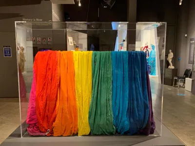 Queer artist Gilbert Baker preserved this 10- by 28-foot section of an original 1978 pride flag.