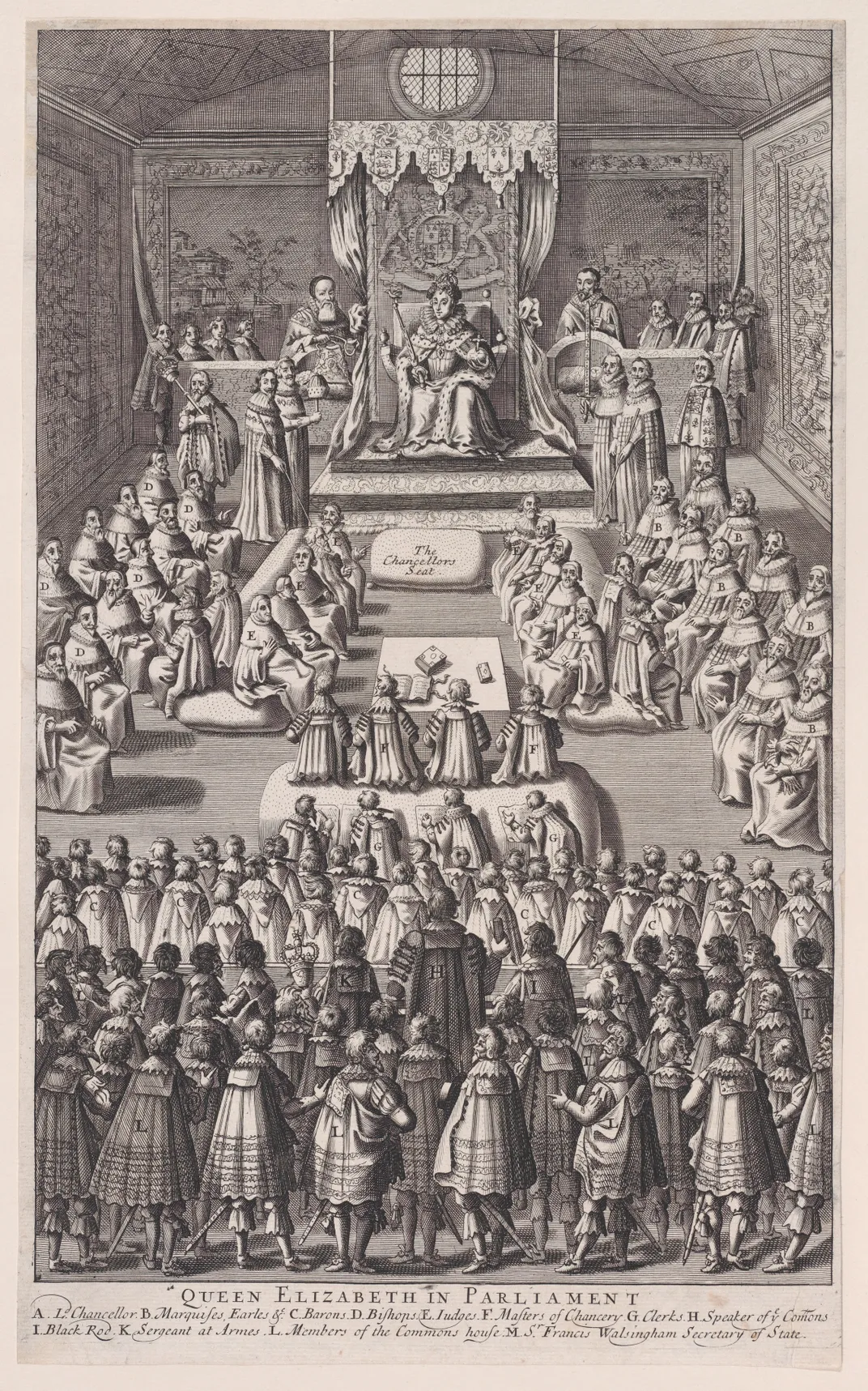 An illustration of Elizabeth presiding over Parliament