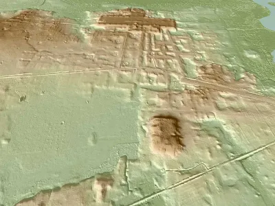 An image created using lidar data shows the structures at Aguada F&eacute;nix, in Mexico.