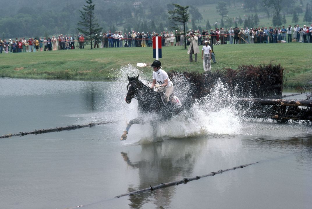 Princess Anne competes in an equestrian event at the 1976 Olympics.