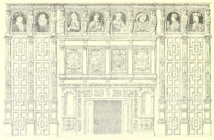 A drawing of the Sheldon set, including the portrait of Henry VIII (third from right), in situ at Weston House