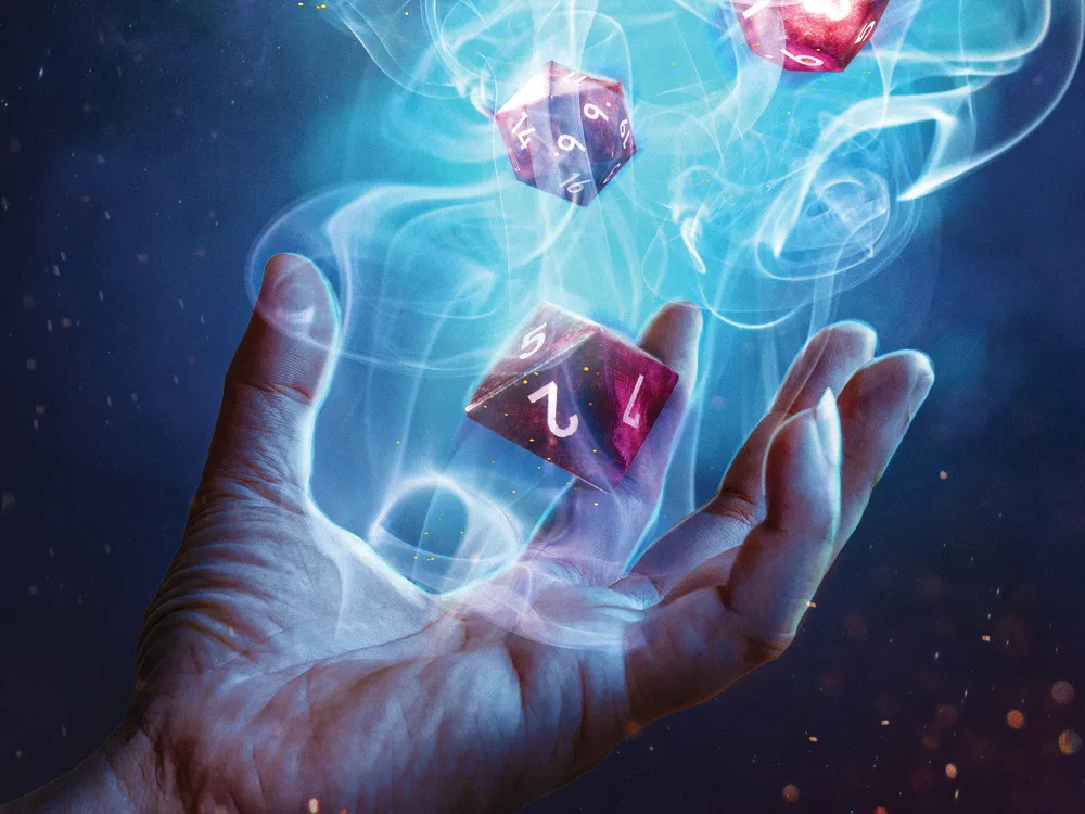 an illustration of dice floating above a hand.