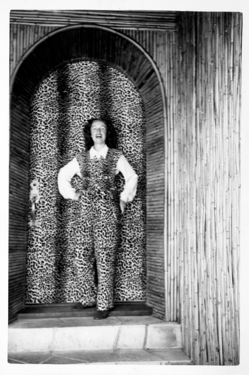 A circa 1950 photo of Eyde in a leopard print outfit