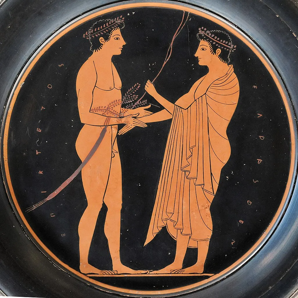 A palaestra scene, circa 520 to 510 B.C.E.