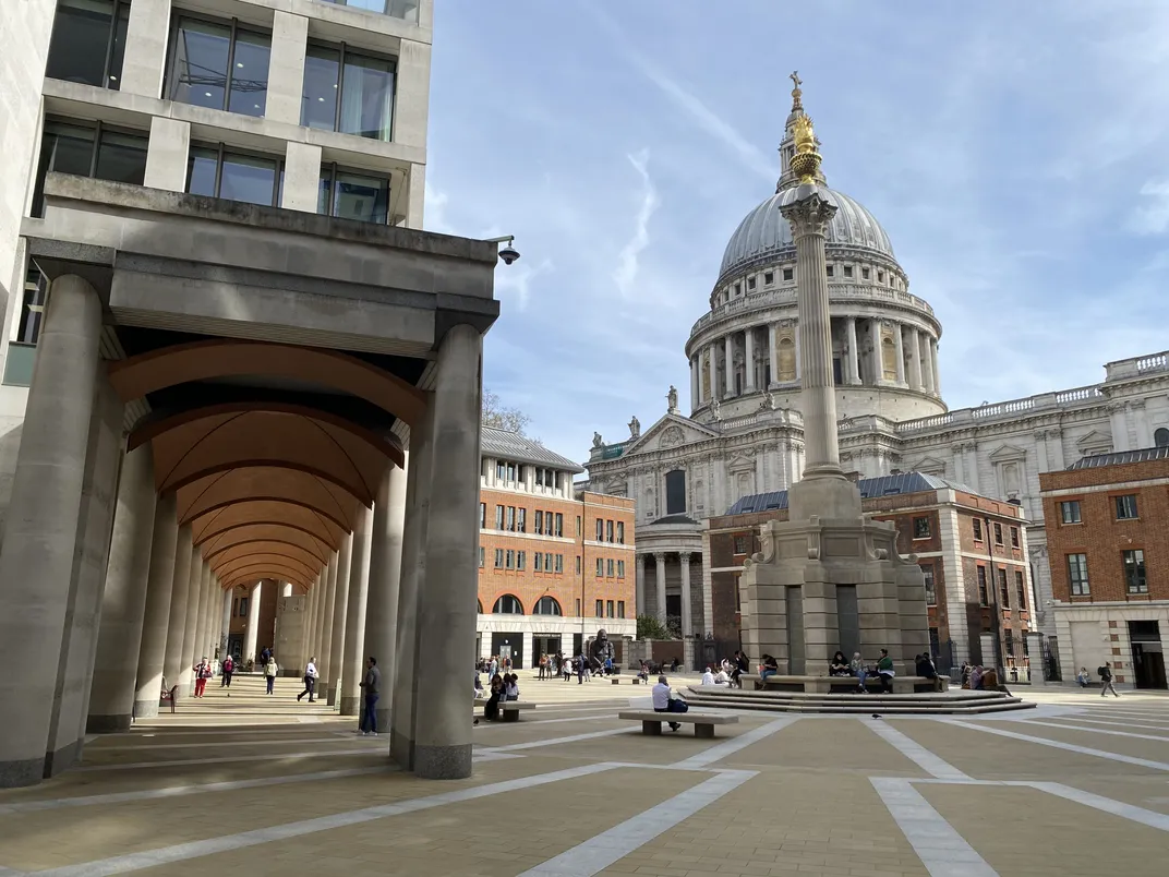 The entrance to Paternoster Row (left) in East London, where A General History of the Pirates was published in May 1724