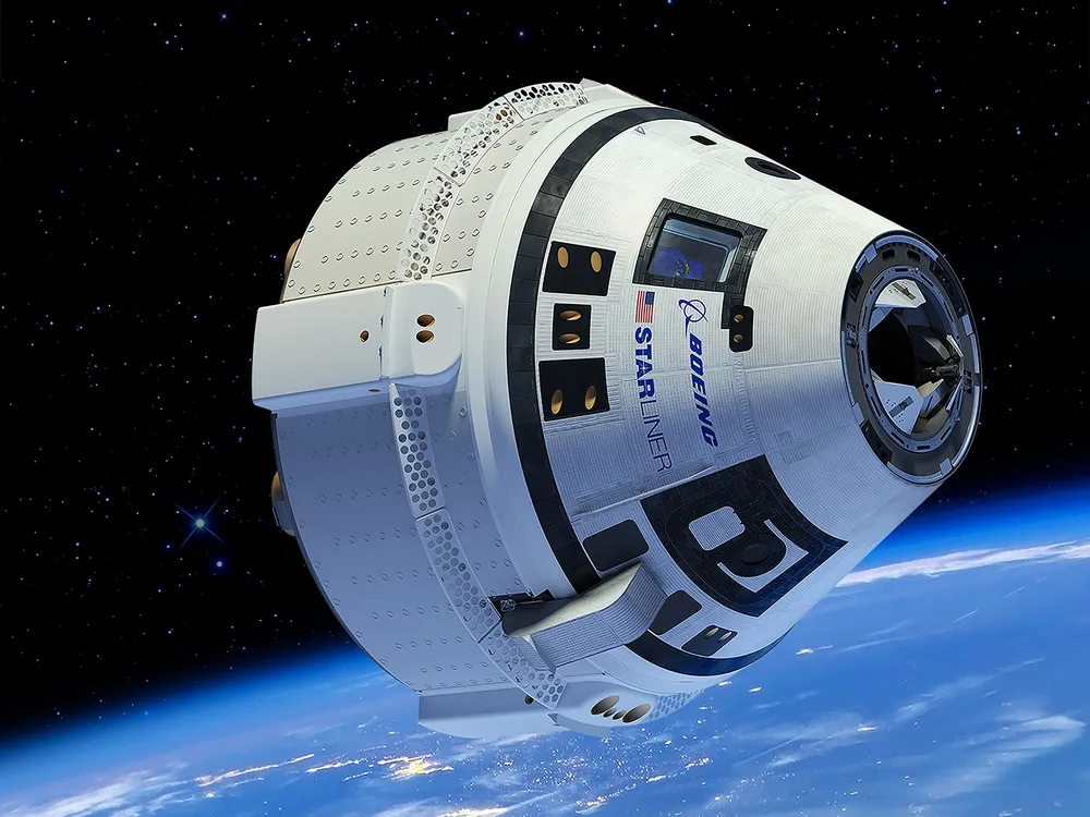 An illustration of the Boeing CST-100 Starliner spacecraft, currently docked to the International Space Station as engineers troubleshoot thruster and helium leak issues.