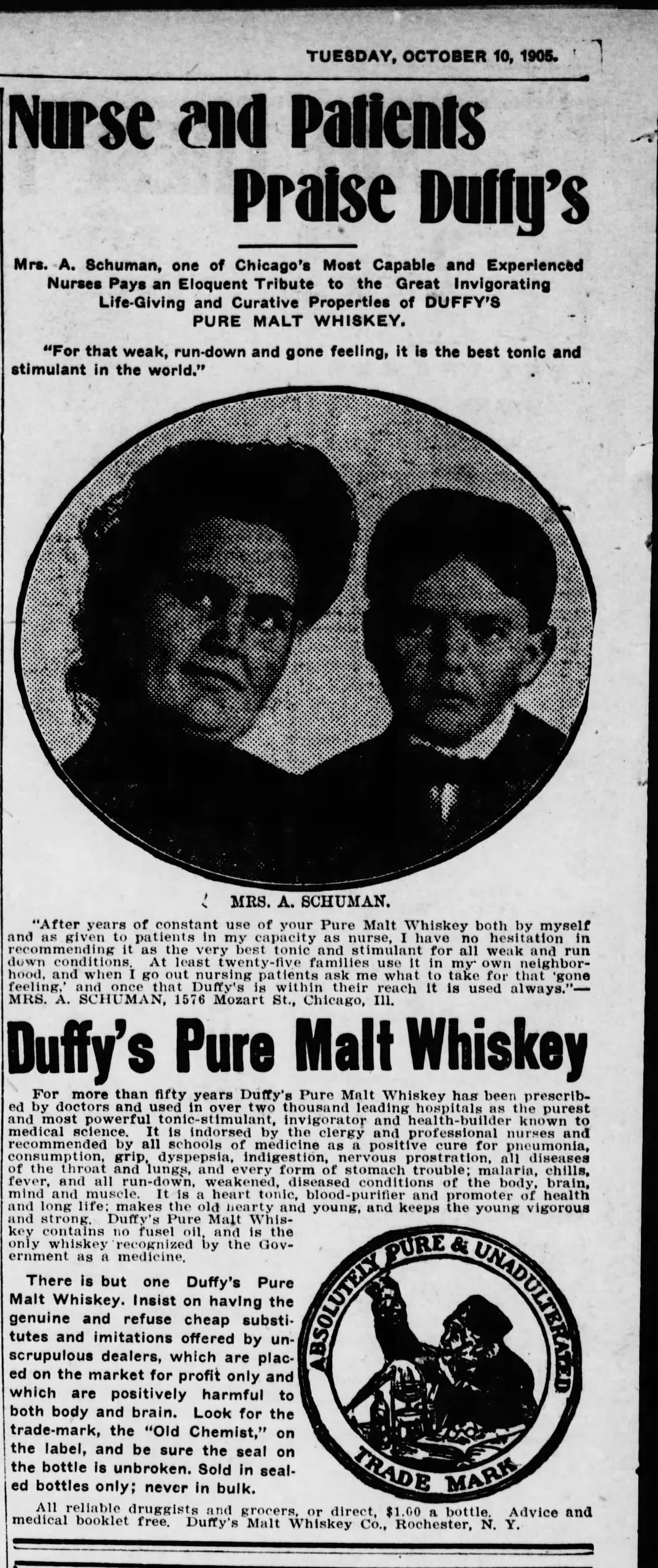 Duffy's Pure Malt Whiskey ad