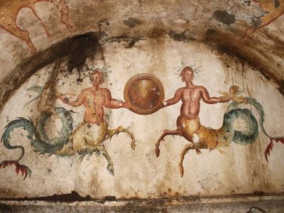 As well as frescoes of Cerberus, the guard dog of the underworld, the tomb was decorated with paintings of marine centaurs.