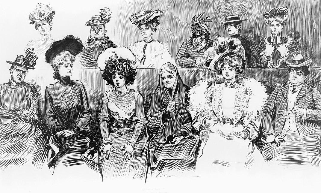 A 1902 cartoon imagining women's expressions when serving as jurors